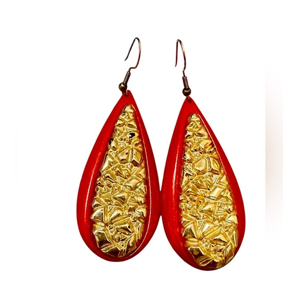 Vintage Red and Gold Teardrop Earrings - Picture 1 of 3
